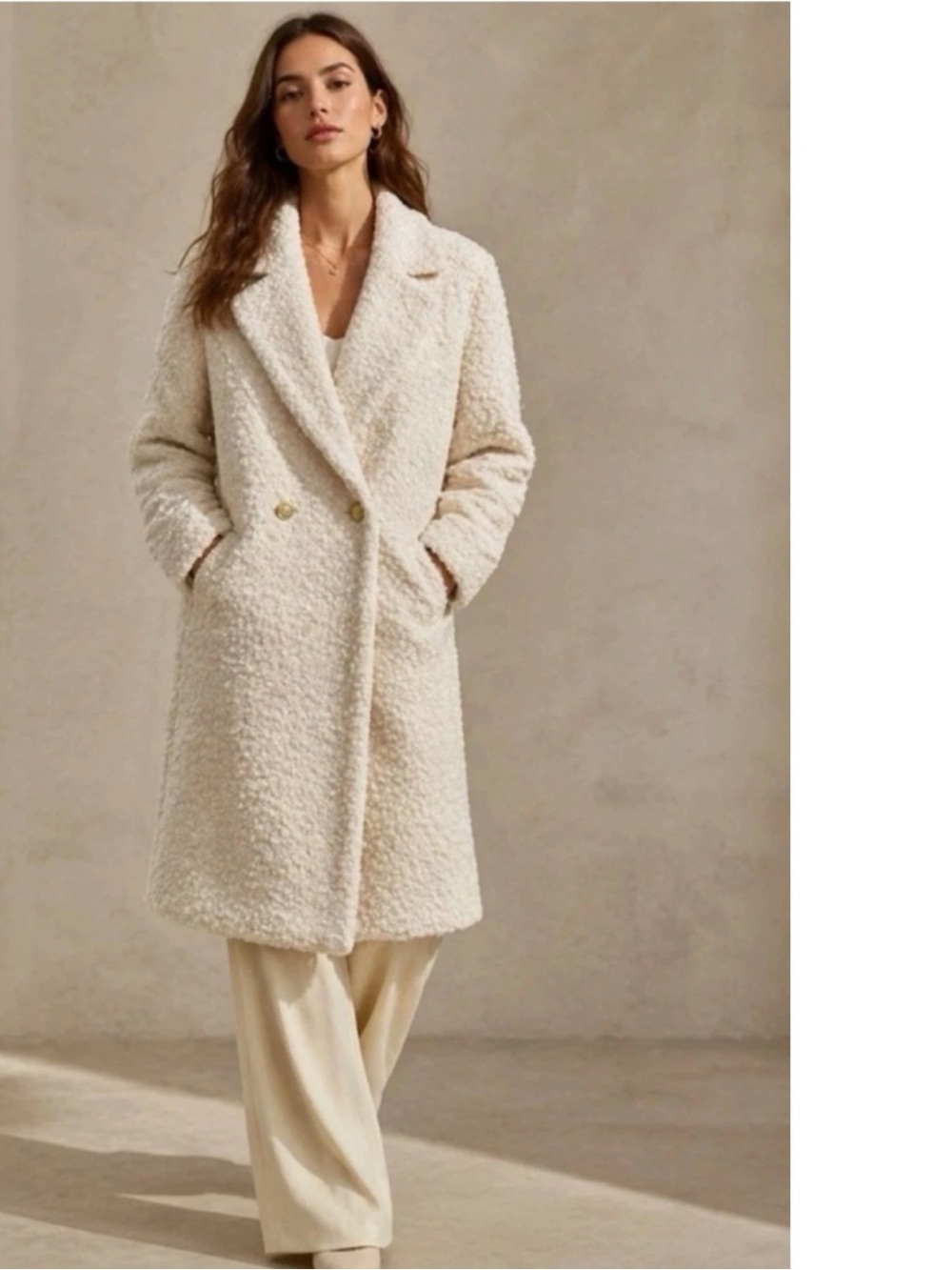 BCBG Max Azria Teddy Bouclé Long Coat S Cream Double Breasted Old Money Preppy